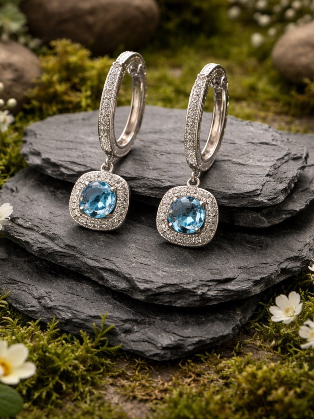 Sterling Silver Blue Topaz Halo Drop Earrings